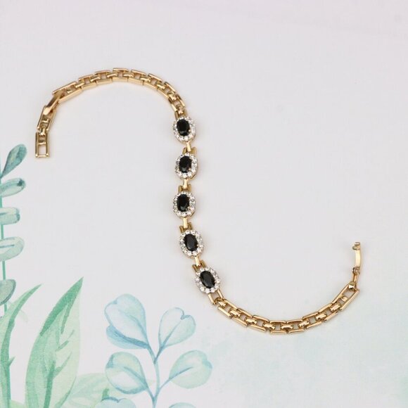 "Elegant Rose Gold Oval Black Stone Bracelet with Crystal Halos, XPBL0736 - Picture 5 of 12